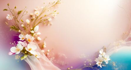 Fototapeta premium Delicate White Flowers on a Soft Pink and Blue Background