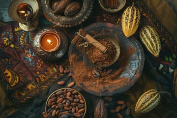 An elegant flat lay of a cacao ceremony altar, with cacao beans, a ceremonial cup, and burning incense." 