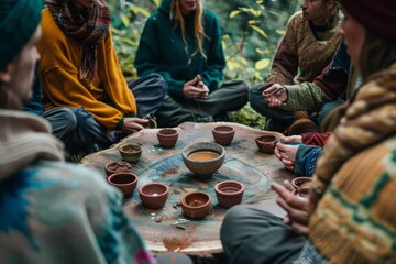 An intimate gathering of people sitting in a circle, each holding a cup of cacao, surrounded by nature. 