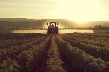 Fototapeta premium Tractor spraying pesticides and fertilizers on field
