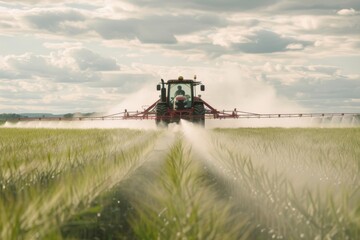 Fototapeta premium Tractor spraying pesticides and fertilizers on field