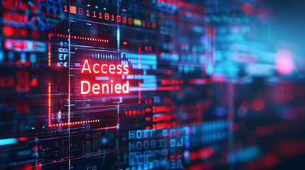 A futuristic interface filled with digital data and an "Access Denied" alert prominently displayed. The intricate design and vibrant colors emphasize the advanced technology used in cybersecurity syst