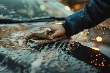 Hands cleaning a car with microfiber cloth
