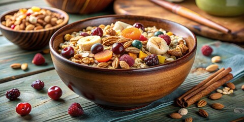 Nutty and fruity granola in a wooden bowl.