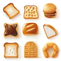 Bread loaves icon, bakery products set, 3d realistic pastry collection, baked buns, baguettes symbols