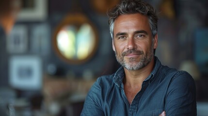 Fototapeta premium Manager with Folded Arms: Capture a manager with arms folded and a slight smile, isolated on a soft blue background, exuding confidence and readiness.