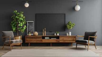 Television put on tv stand wood table, in minimal empty space livingroom room