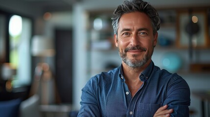 Obraz premium Manager with Folded Arms: Capture a manager with arms folded and a slight smile, isolated on a soft blue background, exuding confidence and readiness.