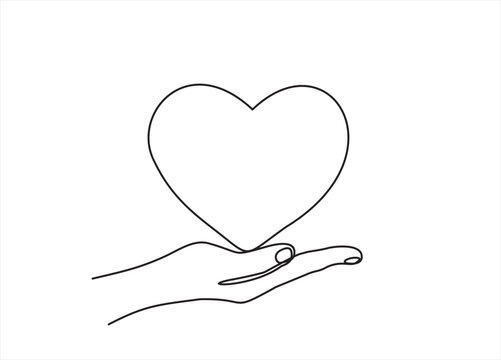 Continuous one line drawing hand holding heart. Charity donation linear symbol. Vector isolated on white background	
