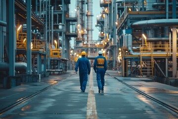 Two engineers walking in a petroleum refinery