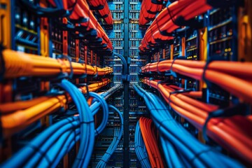 Internet cables and wires in a server room