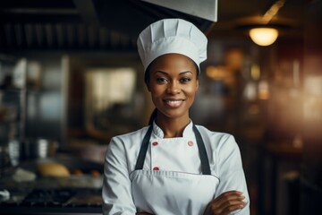 Portrait of a female black chef in commercial kitchen
