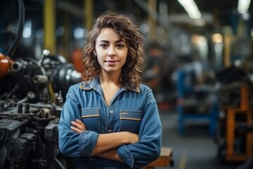Fototapeta premium Portrait of a smiling female engineer in auto part factory