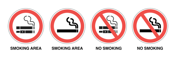 No Smoking and Vaping Allowed Signs. Cigarette and E-Cig Prohibition Symbols. Smoking Area Vector Illustration.