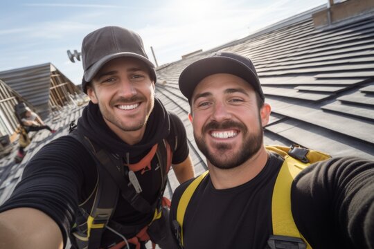 Smiling group of roofers taking a selfie on the job