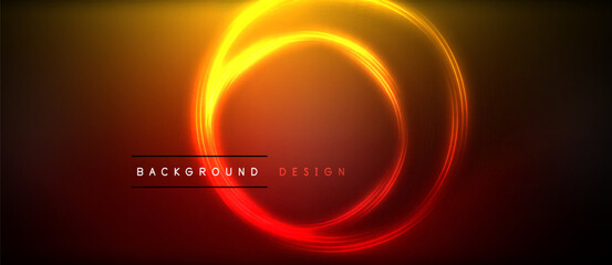 Neon glowing circle rays, light round lines in the dark, planet style neon wave lines. Energetic electric concept design for wallpaper, banner, background