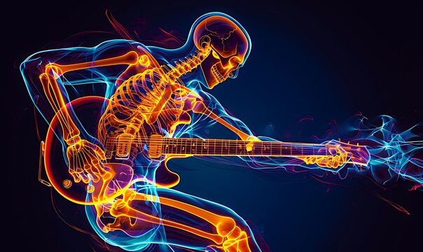 A dynamic pose of a guitar player with an orange skeletal x-ray and a blue outline, creating a vivid contrast