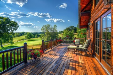 Summer Deck: Large Wooden Deck with Chairs overlooking Golf Course in American Home
