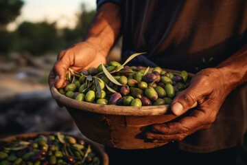 Close up of traditional olive harvest held in hands
