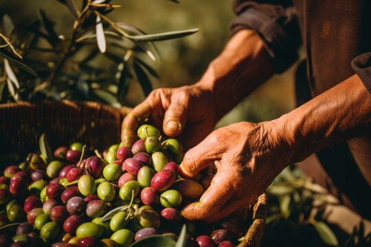 Close up of traditional olive harvest held in hands
