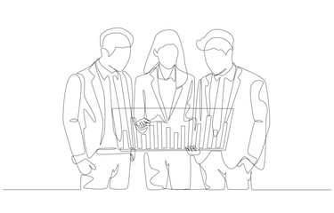 Continuous one line drawing of business people standing to analyze graph in front of them, business analytics, stock market forecasting team concept, single line art.
