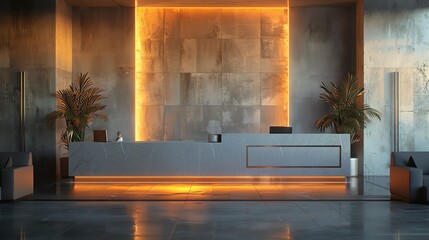 Corporate lobby with angular structures, exposed materials, and fragmented design elements