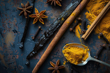 Spice Selection on Old Metal Table - Cinnamon, Star Anise, Vanilla Stick, Turmeric Powder - Dark Blue Background Food Photography