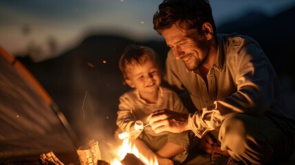 Fototapeta premium Dad and child roasting marshmallows by campfire, under starlit sky, family camping trip
