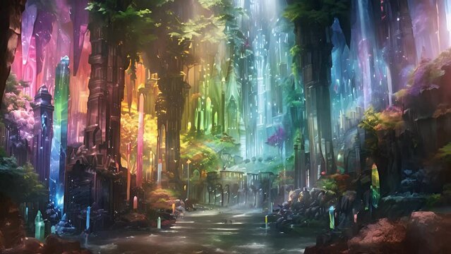 In a fairy kingdom the palace walls are adorned with enchanted crystal shards that have been carved into intricate designs casting a rainbow of colors throughout the halls.