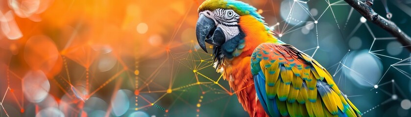 Obraz premium Vibrant macaw resting on a branch with abstract background. Colorful parrot showcasing bright feathers against a dynamic backdrop.