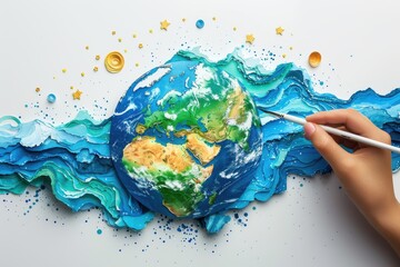 A hand is painting a blue and green globe with the word Africa written on it