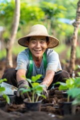 7. Portrait of an Asian farm worker planting organic seedlings, high quality photo, photorealistic, cheerful mood, bright environment