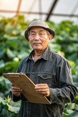10. Portrait of an Asian farm manager with a clipboard, overseeing organic farm operations, high detail, photorealistic, professional setting