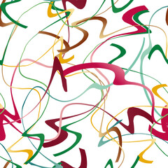 Festive seamless pattern with multi-coloured streamer ribbons, confetti on a white background. For printing on fabric, wrapping paper, web banners, wallpapers, backdrops. Vector