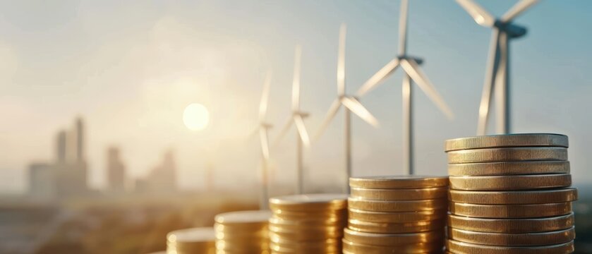Energy cost rise depicted with wind turbines, renewable energy, sustainable solutions