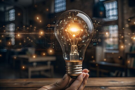 Ideen - L&ouml;sung und Innovation - Retro Gl&uuml;hbirne mit digitalen Elementen - Moderne Darstellung digitale Daten - Wissen und Forschung - Gl&uuml;hendes Licht - Kreativit&auml;t und Gedanken
