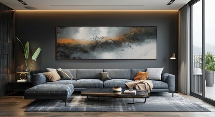 Modern Living Room Interior Design With Abstract Orange and Grey Artwork