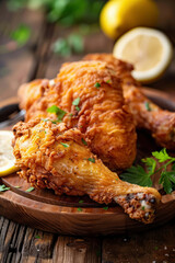 close-up shot of a perfectly golden-brown piece of fried chicken leg on a wooden platter