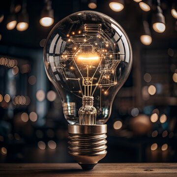 Ideen - L&ouml;sung und Innovation - Retro Gl&uuml;hbirne mit digitalen Elementen - Moderne Darstellung digitale Daten - Wissen und Forschung - Gl&uuml;hendes Licht - Kreativit&auml;t und Gedanken