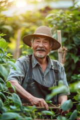 22. Portrait of an Asian farmer demonstrating organic farming practices, high detail, photorealistic, cheerful mood, bright environment
