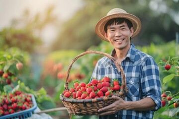 Fototapeta premium 28. Portrait of an Asian farmer holding a basket of fresh organic strawberries, high quality photo, photorealistic, cheerful mood, sunny day