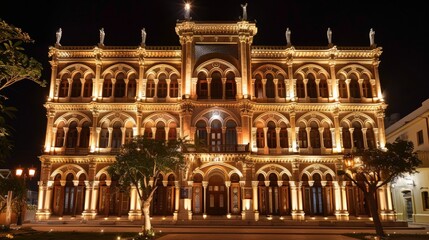 Naklejka premium Historical building with ornate architecture lit up at night in an urban setting