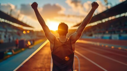 An athlete crossing the finish line with his arms raised