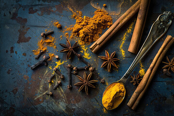 Assorted Spices on Old Metal Table - Cinnamon, Star Anise, Vanilla, Turmeric