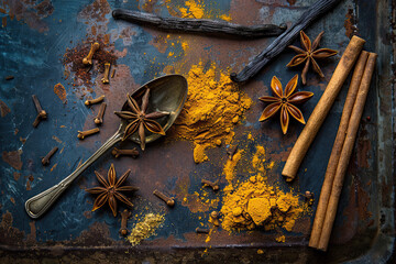 Spices Galore: Top View of Cinnamon, Star Anise, and Vanilla on Old Metal Table with Turmeric Powder and Dark Blue Background