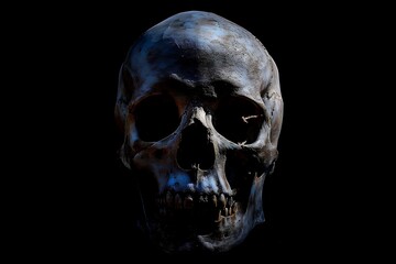 Obraz premium Ancient skull isolated on black background detailed human bone structure archaeological discovery historical artifact skeletal remains anthropology study paleontology research specimen