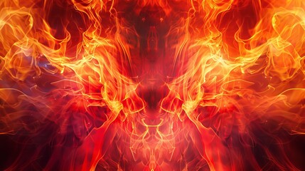 Abstract fire flames on dark background, symmetrical pattern. Modern art and energy concept
