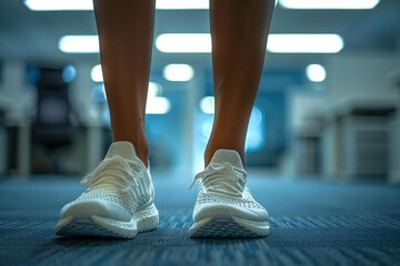 close-up shot of a pair of white sport shoes next to a businesswoman's legs in an office setting. The contrast between the shoes