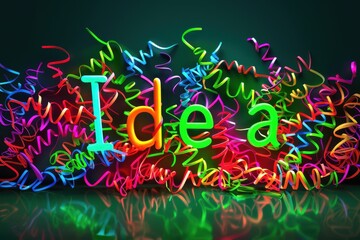 Bright Idea, Neon Letters with Colorful Ribbons, Creative Concept and Inspiration