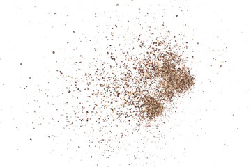 Black ground pepper scattered, spice flying isolated on white, clipping path